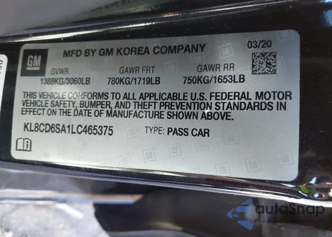 2020 Chevrolet Spark Fwd 1Lt Automatic из США, поврежденный, VIN KL8CD6SA1LC465375